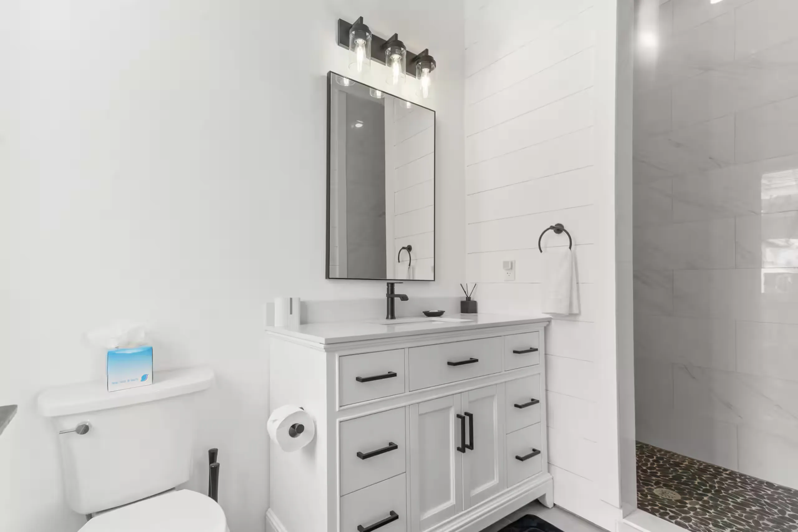 Ensuite bathroom with white vanity, black fixtures, and walk-in shower