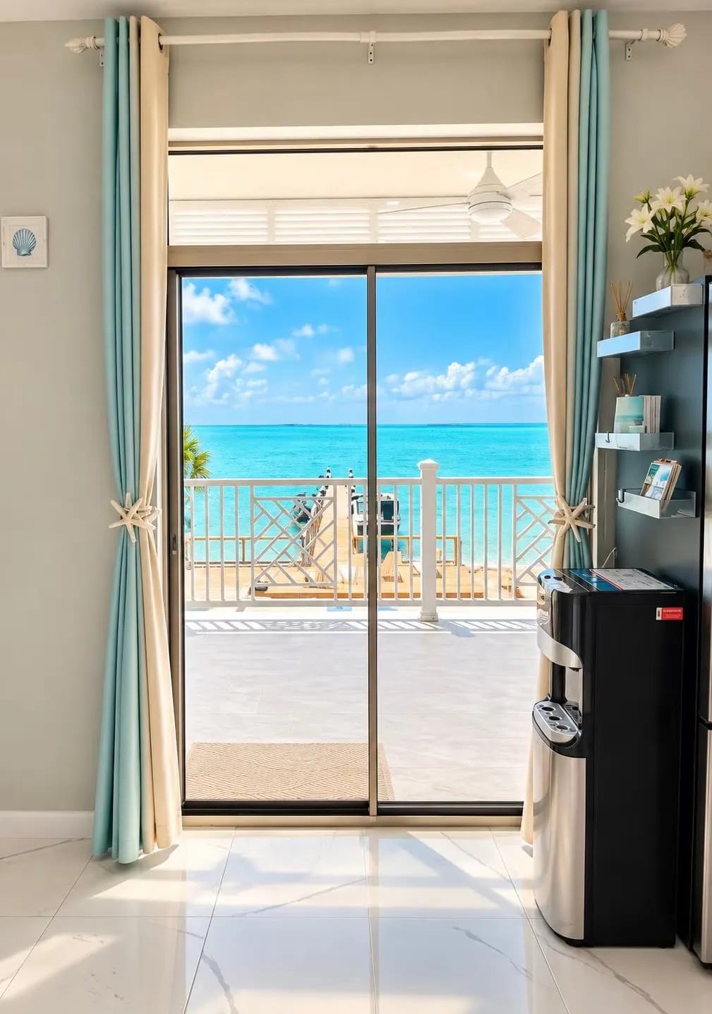 Bedroom looking out through sliding doors to the balcony, dock, and ocean