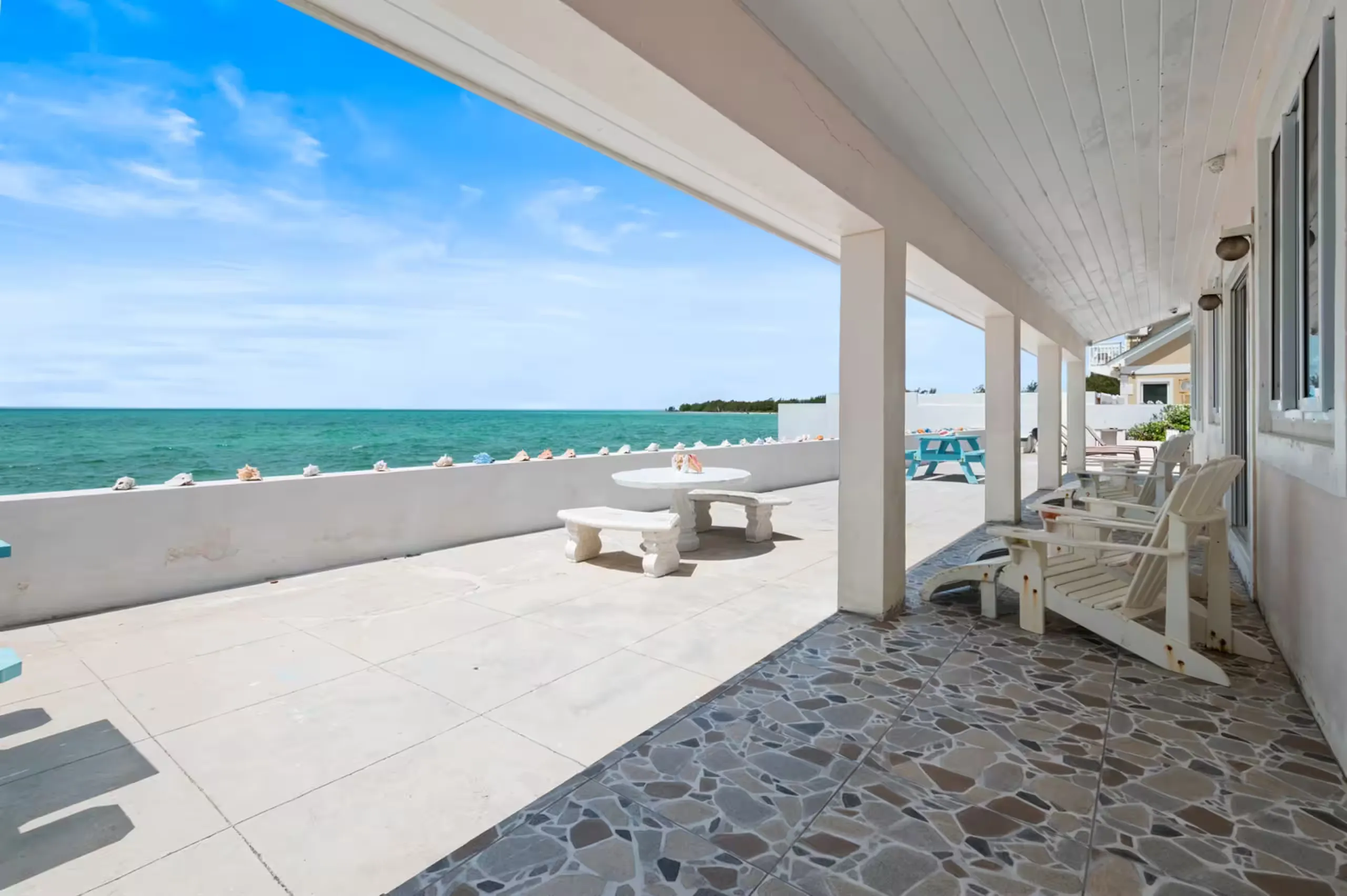 Covered patio with picnic table overlooking the water