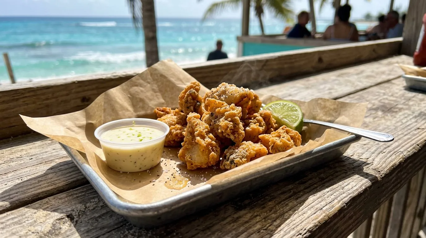 Cracked conch, fresh from the fryer, served with dipping sauce at a beachside shack