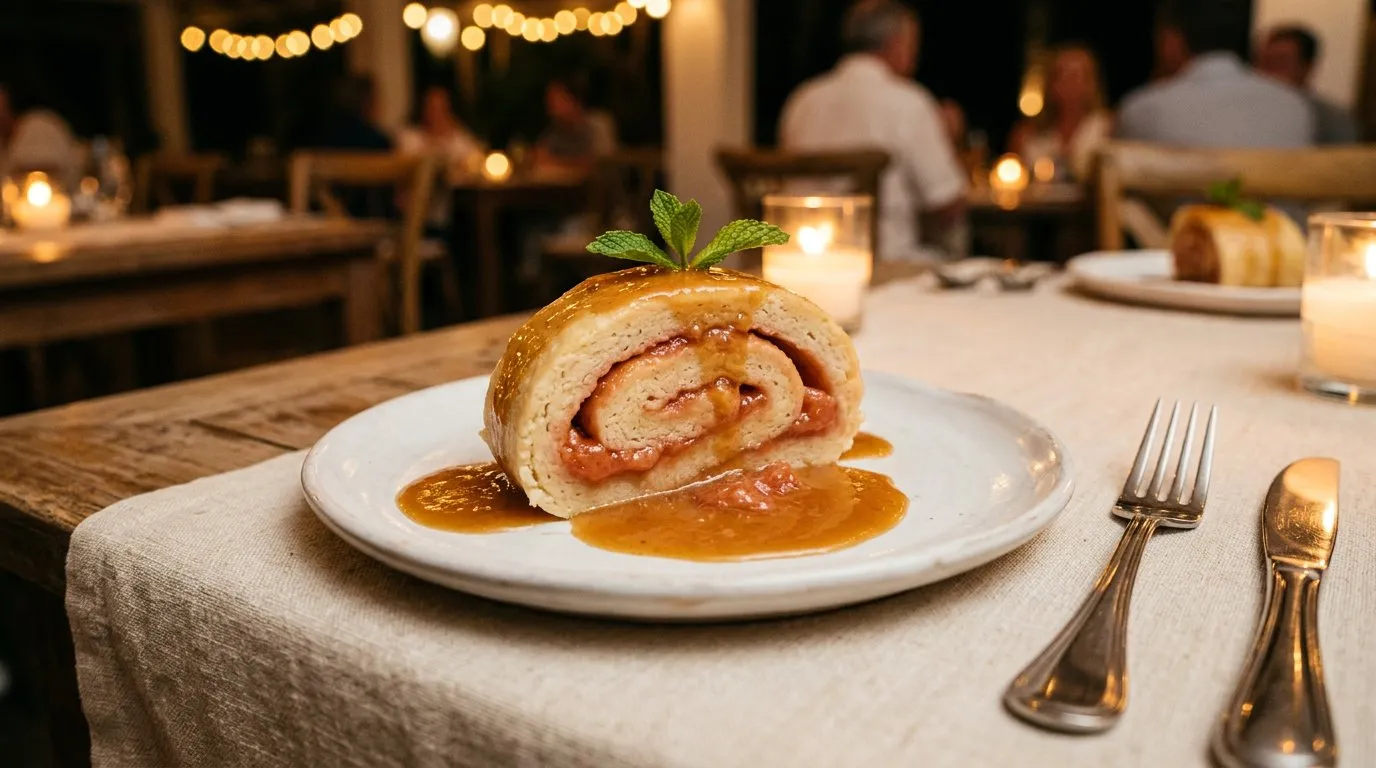A slice of guava duff on a plate, drizzled with butter sauce