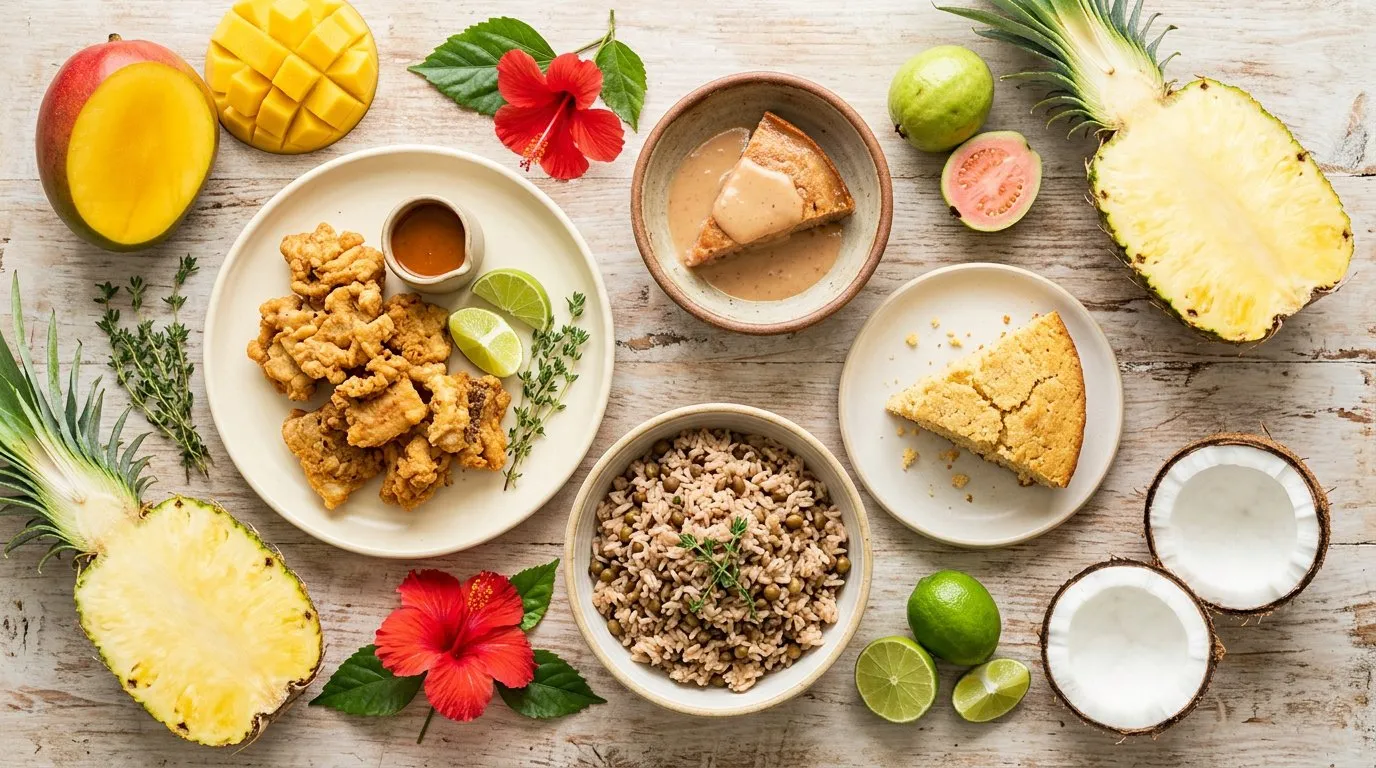 The spread — cracked conch, peas 'n' rice, guava duff, johnnycake, and tropical fruit