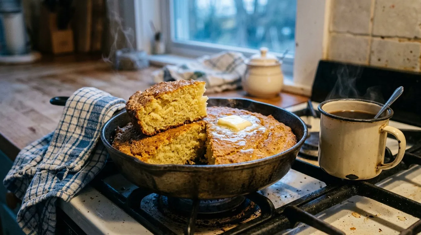 Johnnycake cooling in a cast-iron pan on a stovetop, with butter melting on top