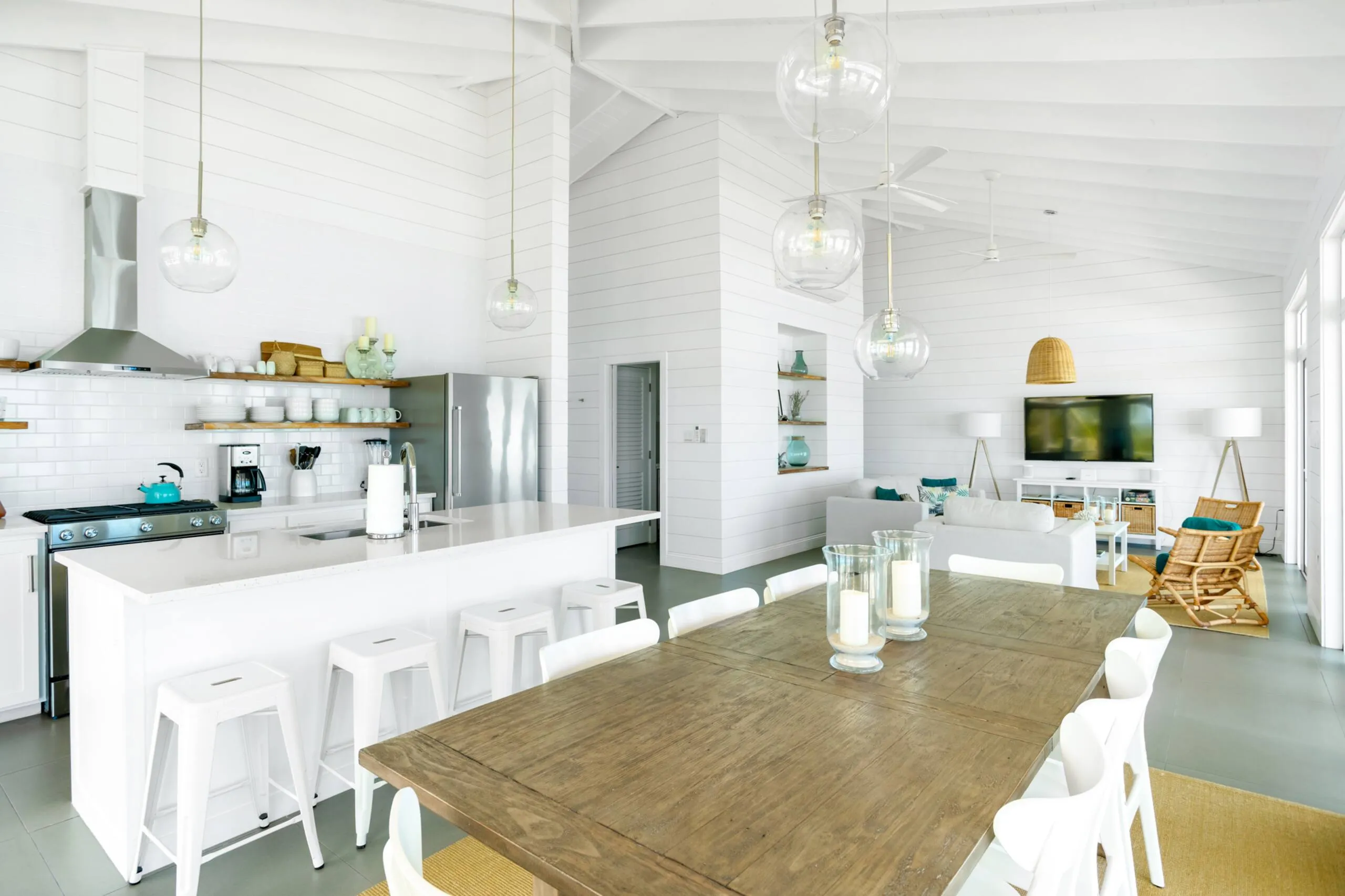 Open kitchen with a long dining table
