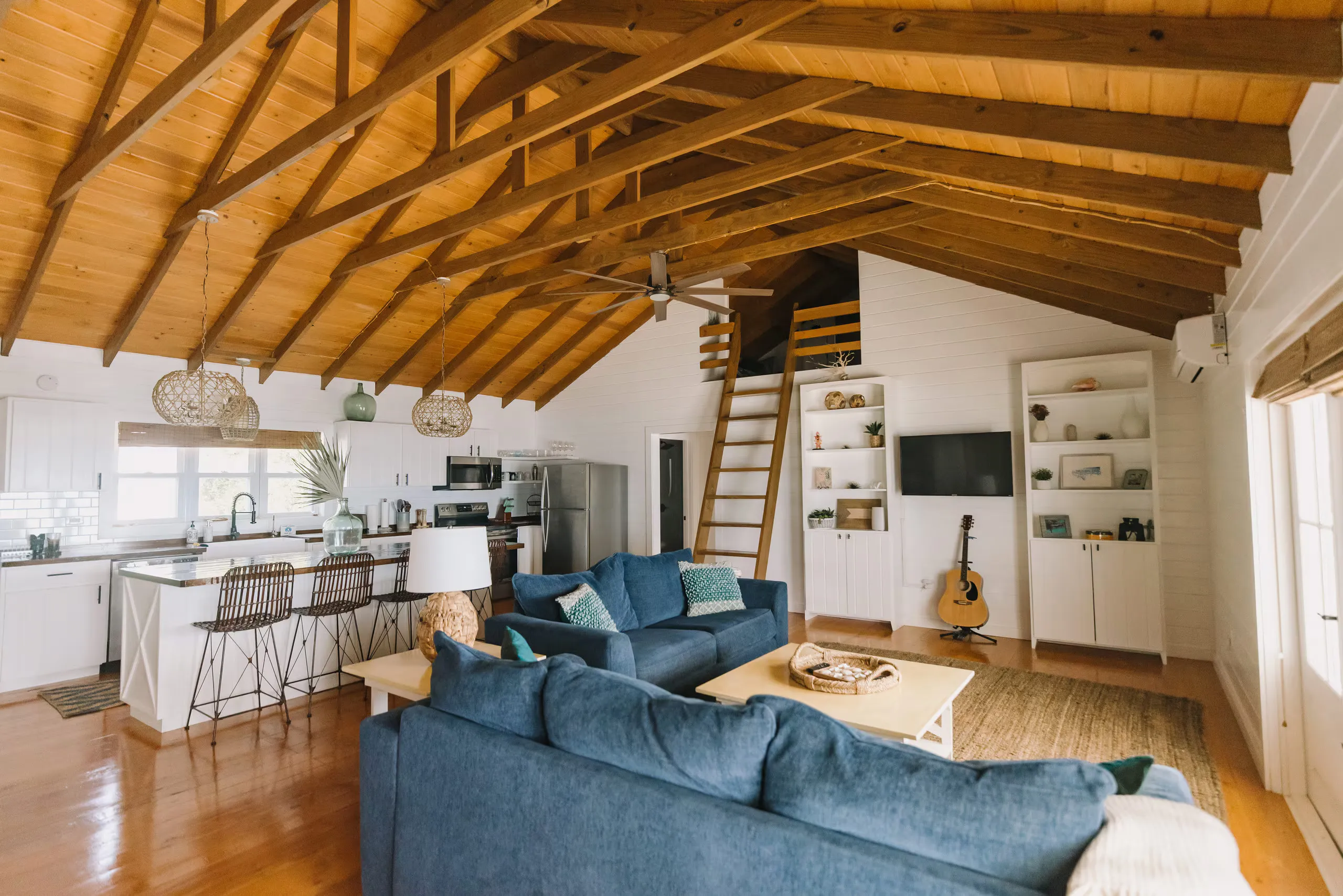 Living room with a vaulted wood ceiling and loft ladder