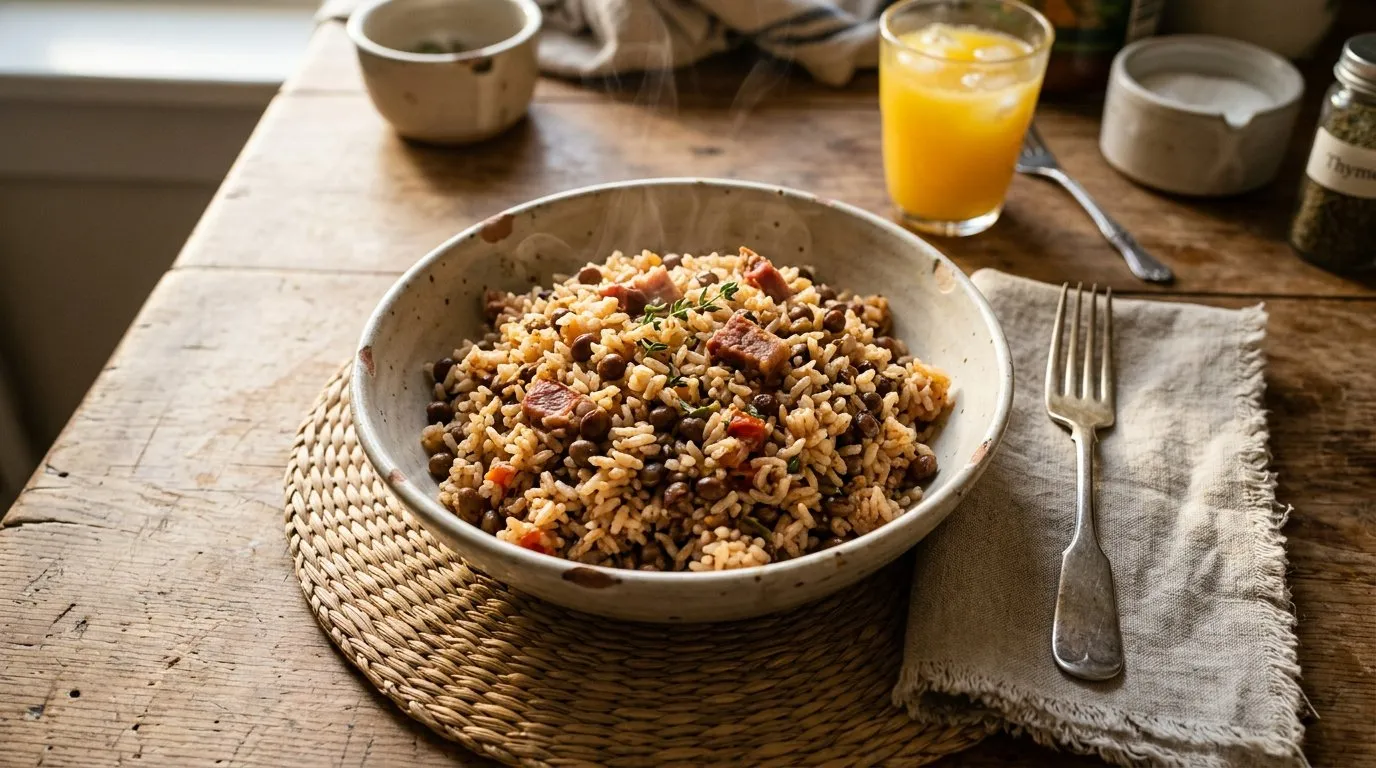 A bowl of Bahamian peas ‘n’ rice, pigeon peas and pork folded through rice, on a wooden table
