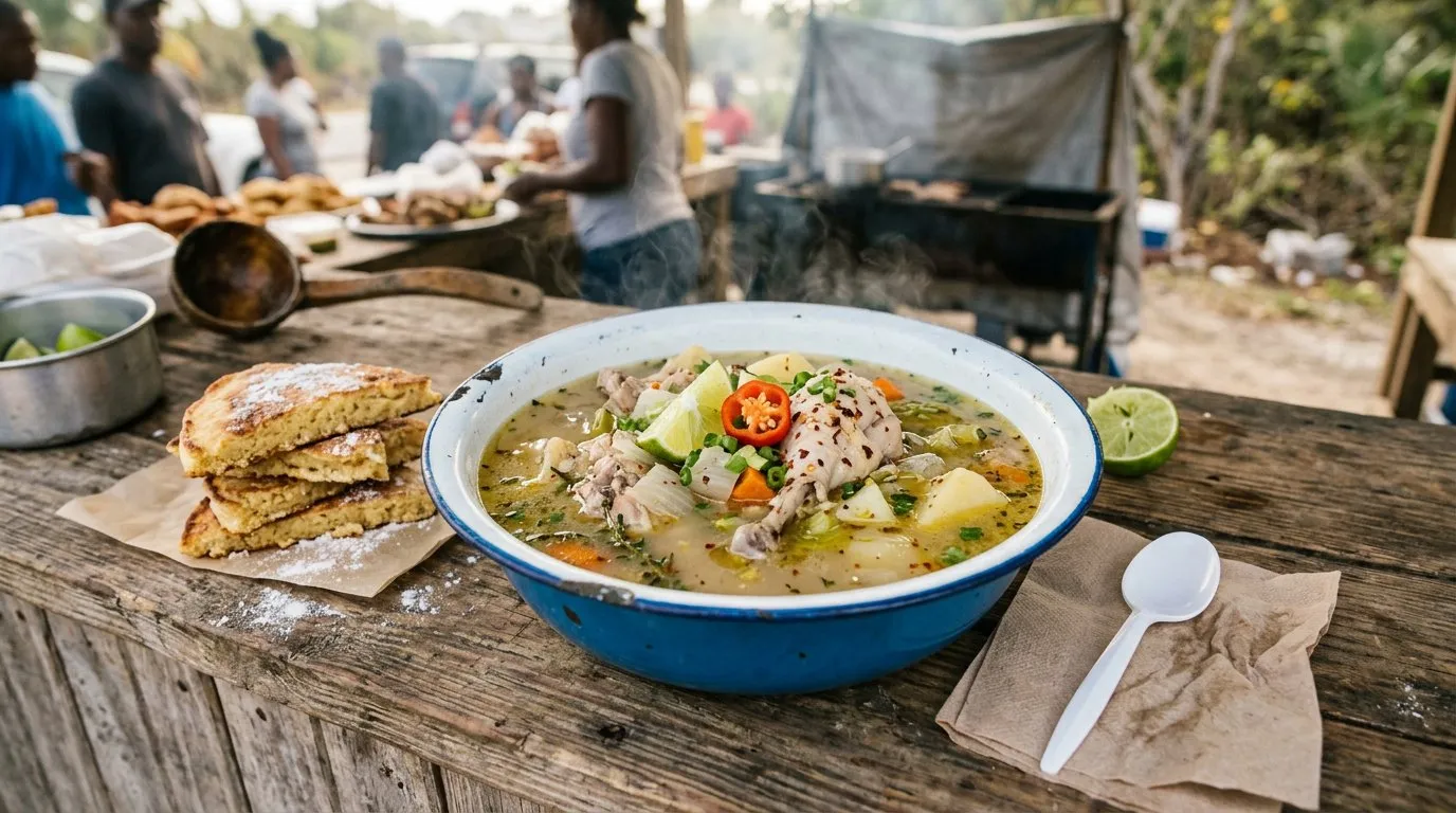 A bowl of chicken souse with lime and pepper at an outdoor local food stall