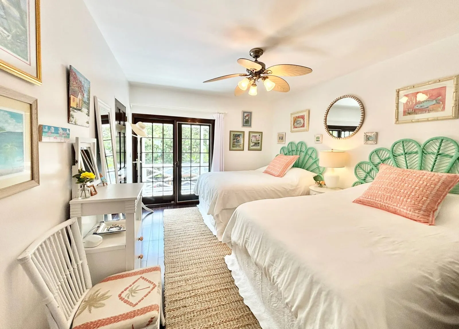 Twin bedroom with turquoise wicker headboards